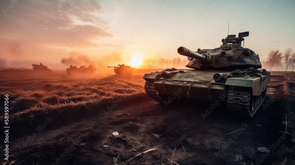 Battle tank stands on the battlefield at sunset. Dramatic lightning. Generative AI.