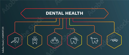 set of dental health white thin line icons. dental health outline icons with infographic template. linear icons such as cavity, overdenture, broken tooth, healthy tooth, malocclusion vector.