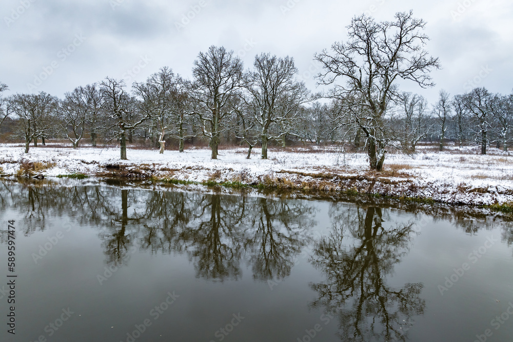 panorama of river on a winter day overlooking the oak grove panorama of river on a winter day overlooking the oak grove