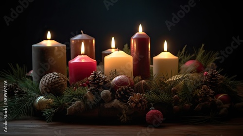 Third Advent - decorated Advent wreath from evergreen branches with white burning candles, tradition in the time before Christmas, copy space, selected focus. Generative Ai.