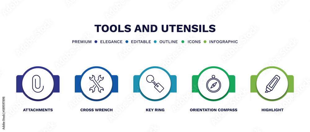 set of tools and utensils thin line icons. tools and utensils outline icons with infographic template. linear icons such as attachments, cross wrench, key ring, orientation compass, highlight set of tools and utensils thin line icons. tools and utensils outline icons with infographic template. linear icons such as attachments, cross wrench, key ring, orientation compass, highlight