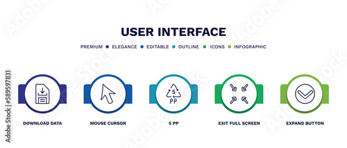 set of user interface thin line icons. user interface outline icons with infographic template. linear icons such as download data, mouse cursor, 5 pp, exit full screen arrows, expand button vector.