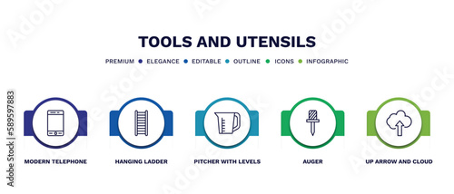 set of tools and utensils thin line icons. tools and utensils outline icons with infographic template. linear icons such as modern telephone, hanging ladder, pitcher with levels, auger, up arrow and