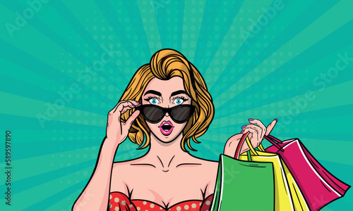 Vector pop art illustration of a young sexy girl with shopping bags lowering her glasses in surprise