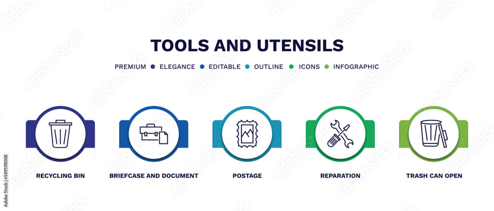 set of tools and utensils thin line icons. tools and utensils outline icons with infographic template. linear icons such as recycling bin, briefcase and document, postage, reparation, trash can open set of tools and utensils thin line icons. tools and utensils outline icons with infographic template. linear icons such as recycling bin, briefcase and document, postage, reparation, trash can open