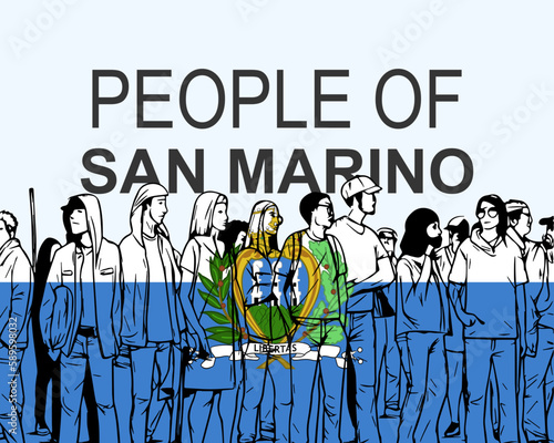 People of San Marino with flag, silhouette of many people, gathering idea
