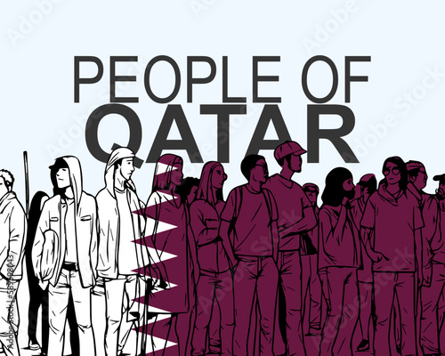 People of Qatar with flag, silhouette of many people, gathering idea