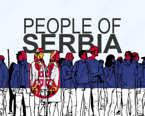 People of Serbia with flag, silhouette of many people, gathering idea
