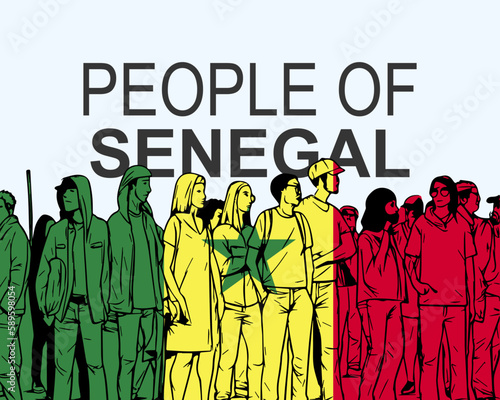 People of Senegal with flag, silhouette of many people, gathering idea