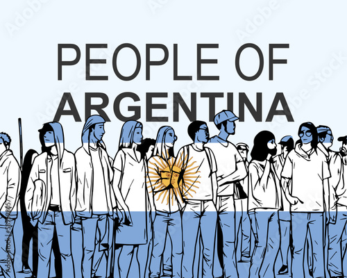 People of Argentina with flag, silhouette of many people, gathering idea