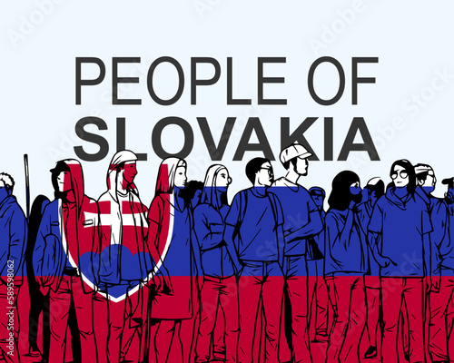 People of Slovakia with flag, silhouette of many people, gathering idea