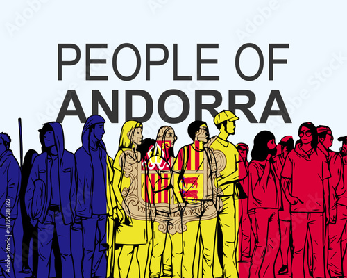 People of Andorra with flag, silhouette of many people, gathering idea