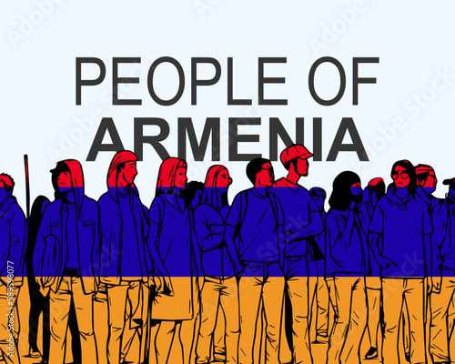 People of Armenia with flag, silhouette of many people, gathering idea