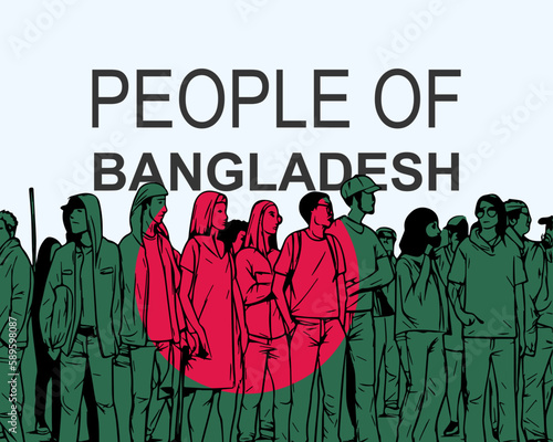 People of Bangladesh with flag, silhouette of many people, gathering idea