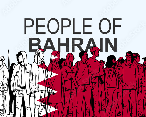 People of Bahrain with flag, silhouette of many people, gathering idea