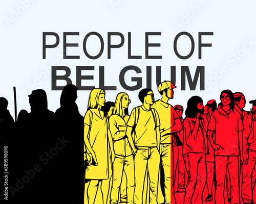 People of Belgium with flag, silhouette of many people, gathering idea