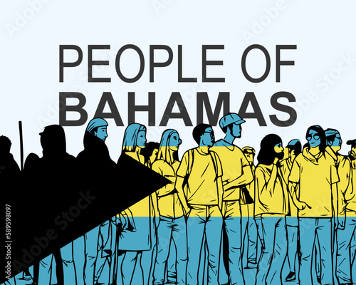 People of Bahamas with flag, silhouette of many people, gathering idea