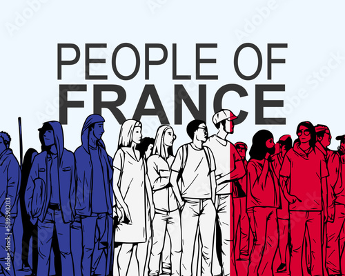 People of France with flag, silhouette of many people, gathering idea
