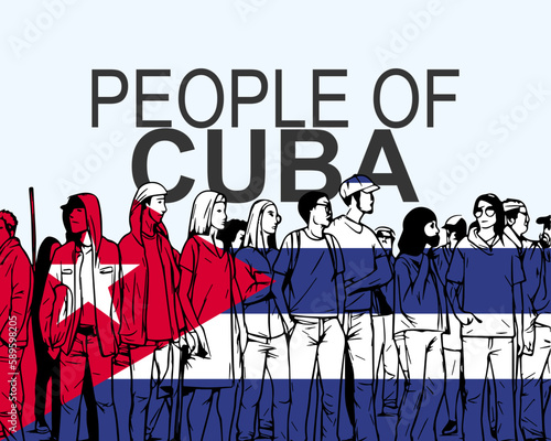 People of Cuba with flag, silhouette of many people, gathering idea