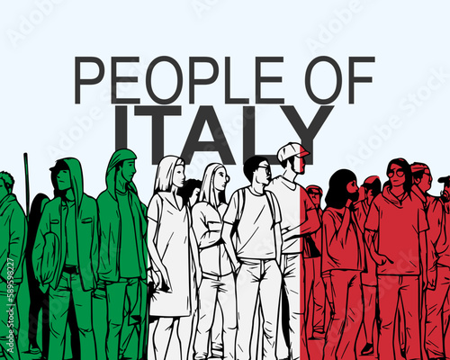 People of Italy with flag, silhouette of many people, gathering idea