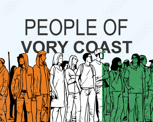People of Ivory Coast with flag, silhouette of many people, gathering idea