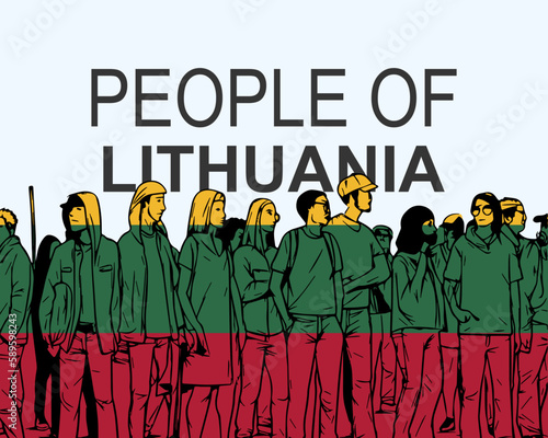 People of Lithuania with flag, silhouette of many people, gathering idea