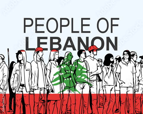People of Lebanon with flag, silhouette of many people, gathering idea
