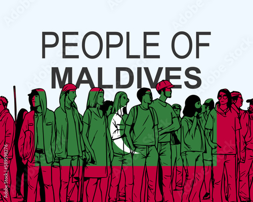 People of Maldives with flag, silhouette of many people, gathering idea