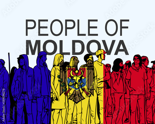 People of Moldova with flag, silhouette of many people, gathering idea