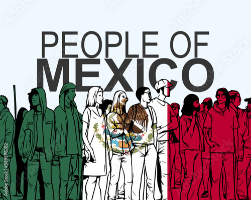 People of Mexico with flag, silhouette of many people, gathering idea