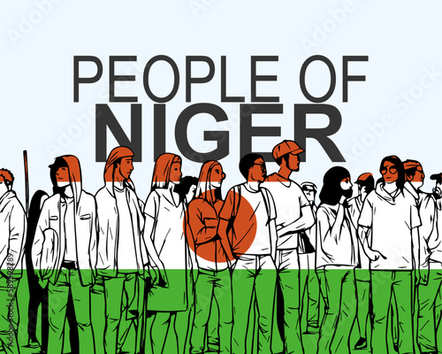 People of Niger with flag, silhouette of many people, gathering idea