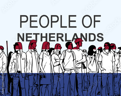 People of Netherlands with flag, silhouette of many people, gathering idea