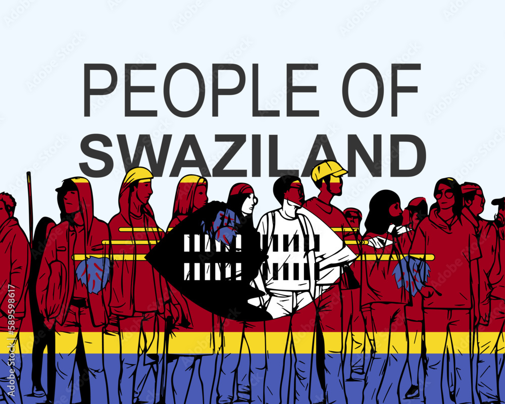 People of Swaziland with flag, silhouette of many people, gathering idea