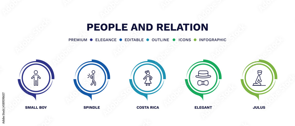 set of people and relation thin line icons. people and relation outline icons with infographic template. linear icons such as small boy, spindle, costa rica, elegant, julus vector.