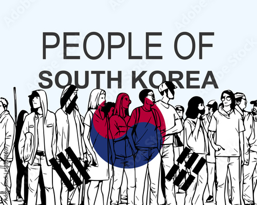 People of South Korea with flag, silhouette of many people, gathering idea