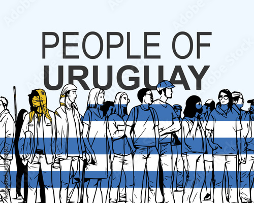People of Uruguay with flag, silhouette of many people, gathering idea