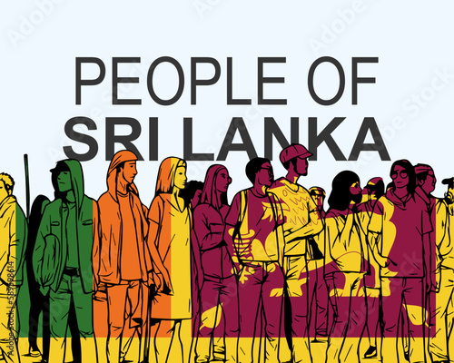 People of Sri Lanka with flag, silhouette of many people, gathering idea