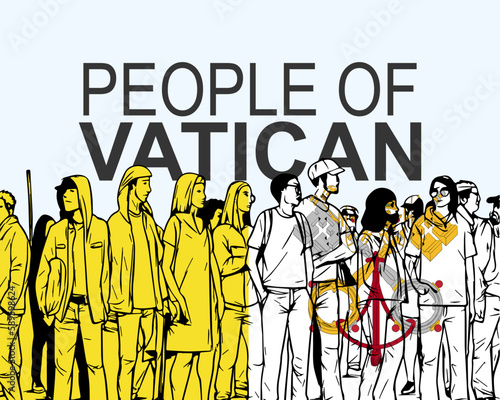 People of Vatican with flag, silhouette of many people, gathering idea