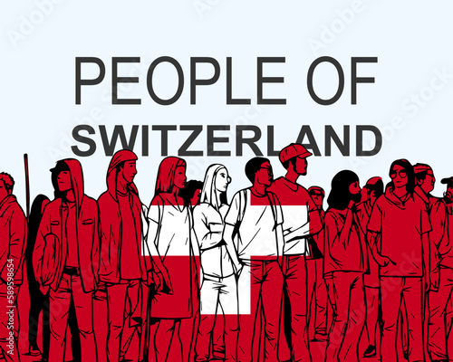 People of Switzerland with flag, silhouette of many people, gathering idea