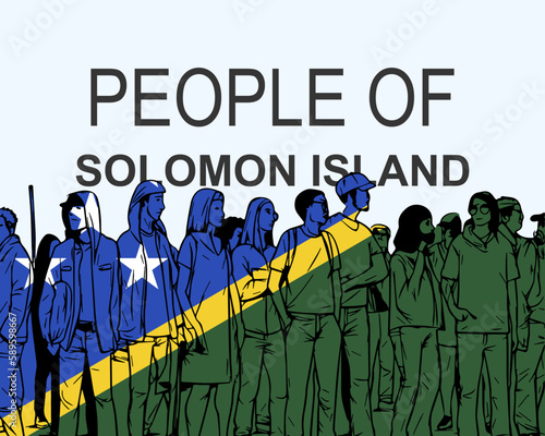 People of Solomon Island with flag, silhouette of many people, gathering idea