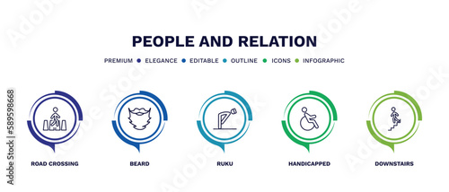 set of people and relation thin line icons. people and relation outline icons with infographic template. linear icons such as road crossing, beard, ruku, handicapped, downstairs vector.