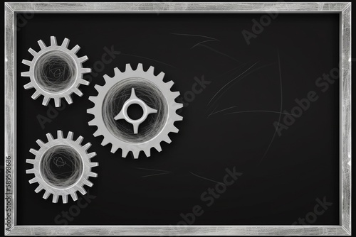 Gears illustration drawn with white chalk on blackboard, support and tools concept. Generative AI