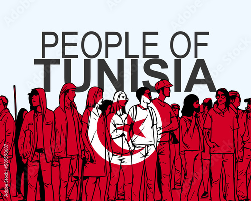 People of Tunisia with flag, silhouette of many people, gathering idea