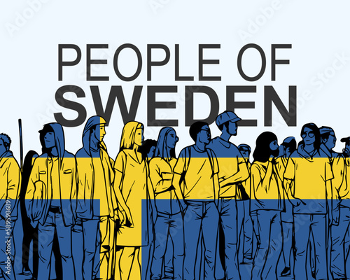 People of Sweden with flag, silhouette of many people, gathering idea
