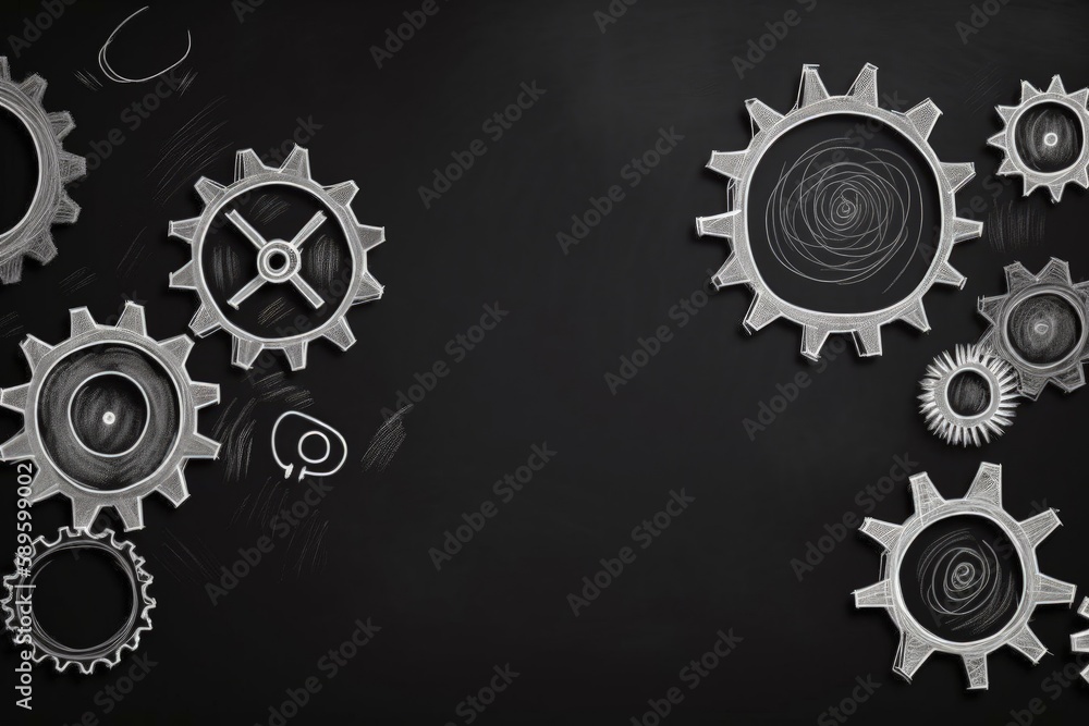 Gears illustration drawn with white chalk on blackboard, support and tools concept. Generative AI