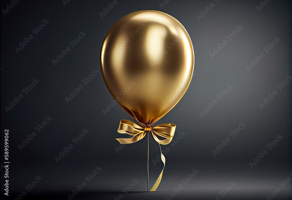 Golden balloon with ribbon, isolated on white background. Generative AI