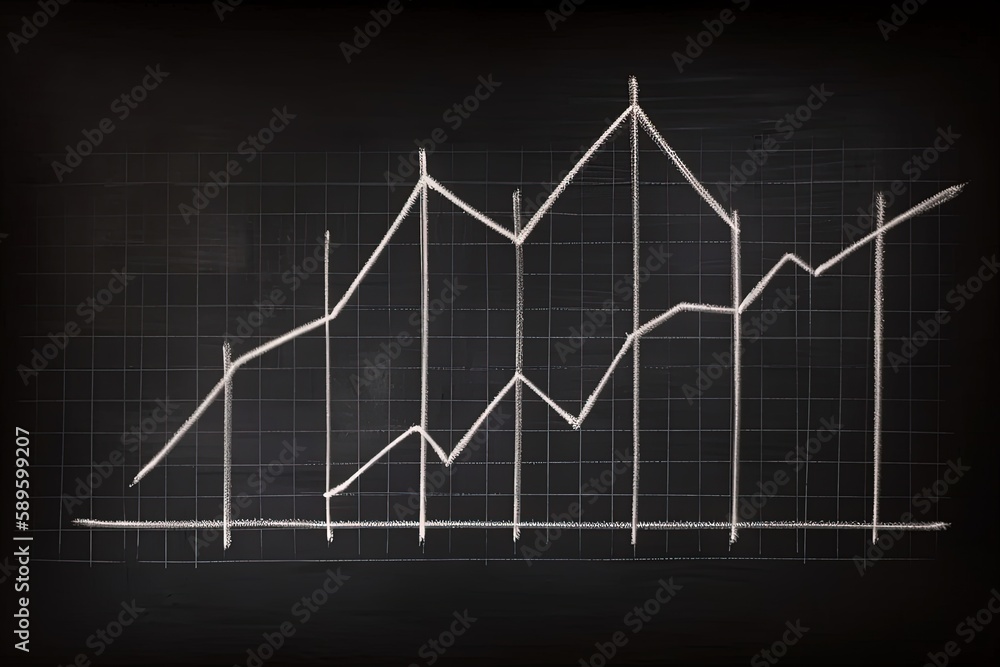 Fototapeta premium Graph illustration drawn with white chalk on blackboard, stock exchange concept. Generative AI