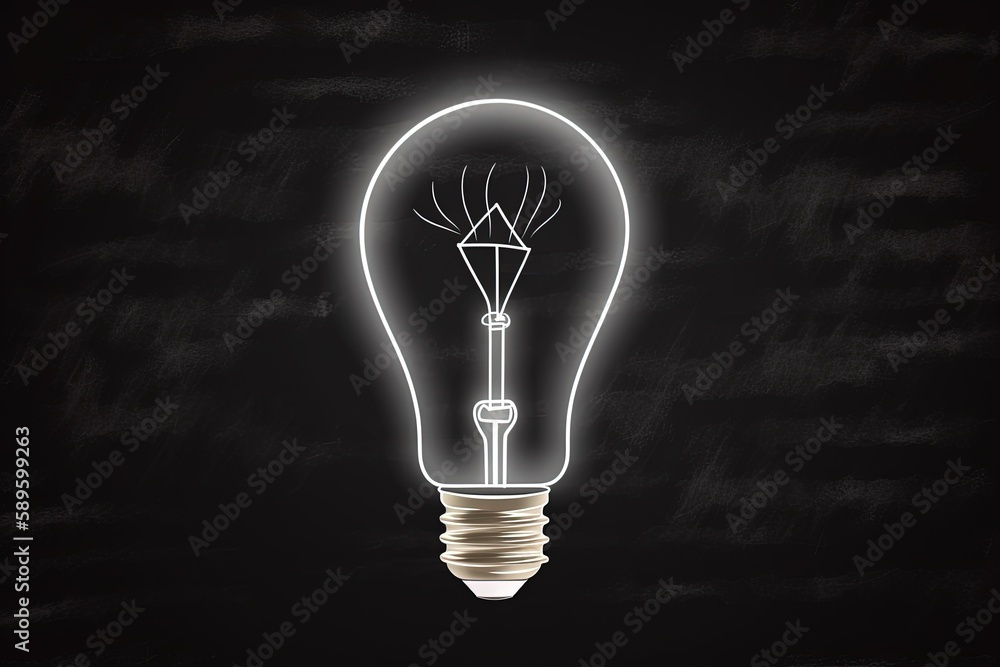 Illustration of light bulb drawn with white chalk on blackboard, concept of learning and ideas. Generative AI Illustration of light bulb drawn with white chalk on blackboard, concept of learning and ideas. Generative AI