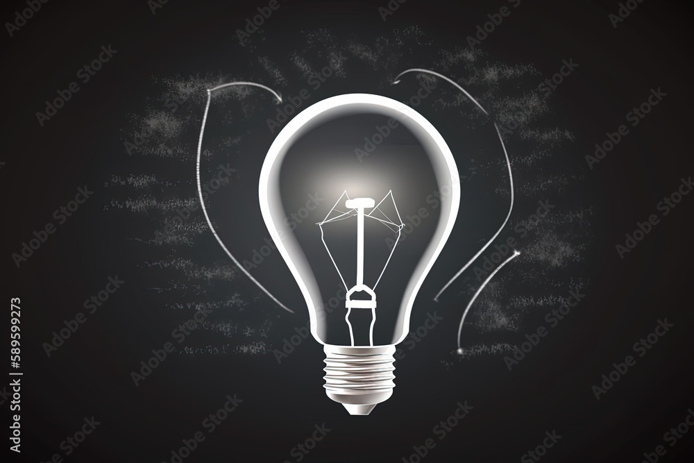 Illustration of light bulb drawn with white chalk on blackboard, concept of learning and ideas. Generative AI Illustration of light bulb drawn with white chalk on blackboard, concept of learning and ideas. Generative AI