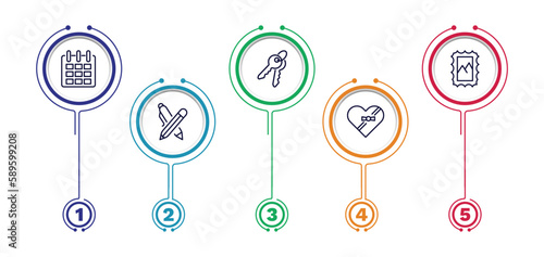 set of tools and utensils thin line icons. tools and utensils outline icons with infographic template. linear icons such as calendar page, key ring with two keys, postage, writing tool, chote box